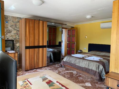a hotel room with two beds and a tv at Villa Symbola in Oludeniz
