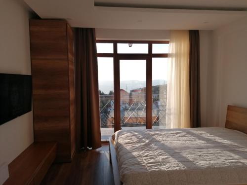 een slaapkamer met een bed en een groot raam bij President Kop - Apartman A21 in Kopaonik