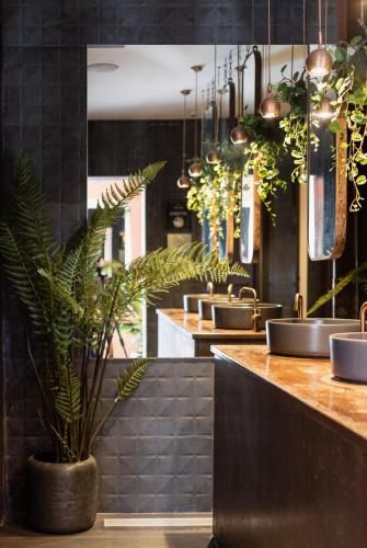 a restaurant with sinks and a potted plant at Estate Spa Boutique Hotel - Adults Only in Rechovot