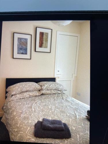 Un dormitorio con una cama con una toalla azul. en Ground floor / L 103 Nelson street, en Largs
