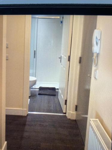 a hallway of a bathroom with a toilet and a sink at Ground floor / L 103 Nelson street in Largs