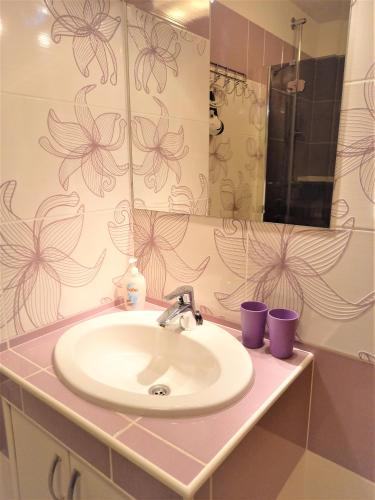 a bathroom with a sink and a mirror with purple cups at Bocskai Apartmanház in Hajdúszoboszló