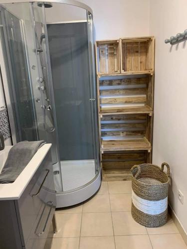 ein Bad mit einer Dusche und einem Waschbecken in der Unterkunft Le bruit des vagues in Berck-sur-Mer