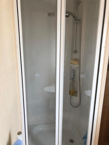 un baño con ducha y WC en Tref y Clawdd, en Felixstowe