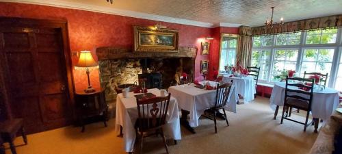 a dining room with two tables and a fireplace at Glyn Isa Country House B&B and self catering Lodge in Conwy