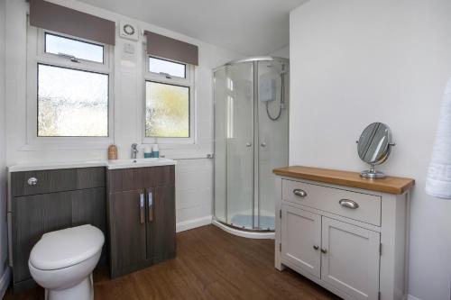 a bathroom with a shower and a toilet and a sink at 51 Norton Park in Dartmouth
