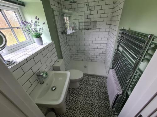 Baño blanco con lavabo y aseo en Mill Cottage Overstrand en Overstrand