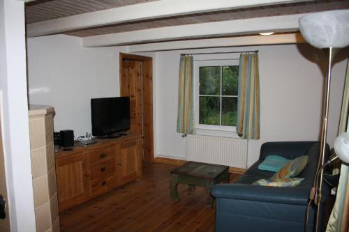 a living room with a blue couch and a television at Schleikate in Winnemark