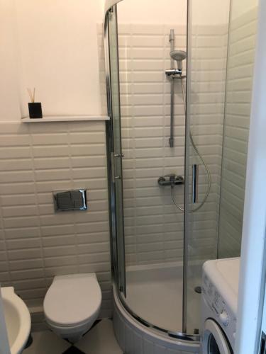 a bathroom with a shower with a toilet and a sink at Apartament Kościuszki in Malbork