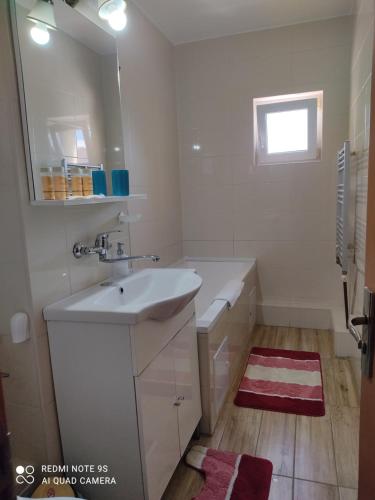 a white bathroom with a sink and a mirror at Apartment Farmec in Cluj-Napoca