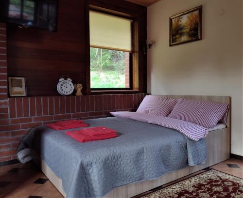 a bedroom with a bed with two red towels on it at Pod Górą Turma in Kręsk