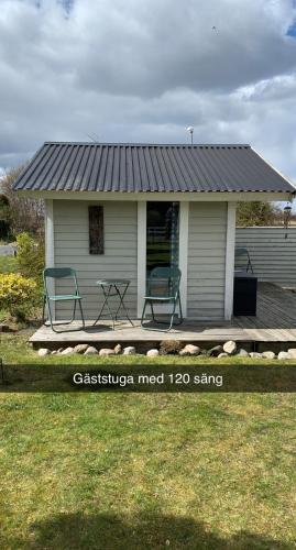 a white house with two chairs on a porch at Villa Sus & Dus in Yngsjö