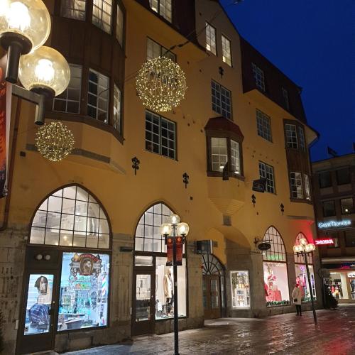 a building with christmas decorations on the side of it at Leopold Boutique Hotel in Östersund