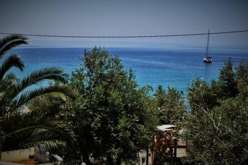 a view of the ocean with a boat in the water at Meltemi Appartment in Patitiri