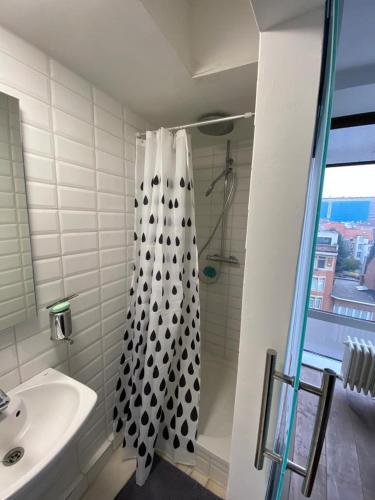 La salle de bains est pourvue d'un rideau de douche et d'un lavabo. dans l'établissement Brussels By Night panoramic studio apartment for 2, à Bruxelles