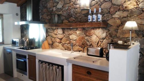 a kitchen with a sink and a stone wall at Les Bergeries de Piazzagina in Piediquarciu
