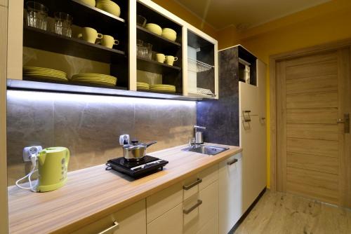 kuchnia z blatem ze zlewem i blatem w obiekcie APARTAMENT JAN-53 Krynica Morska w mieście Krynica Morska