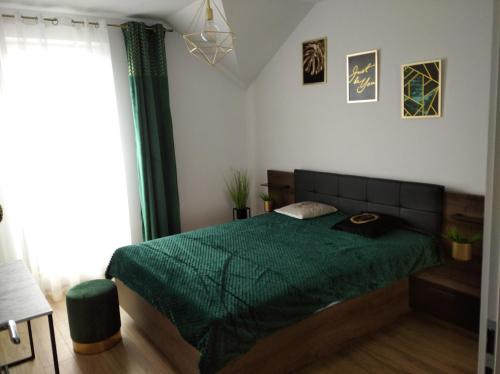 Un dormitorio con una cama verde y una ventana en APARTAMENT CENTRUM Węgorzewa, en Węgorzewo