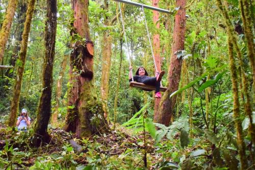 a woman swinging in a zip line in the forest at Reserva Natural Cerro Alto in Empalme