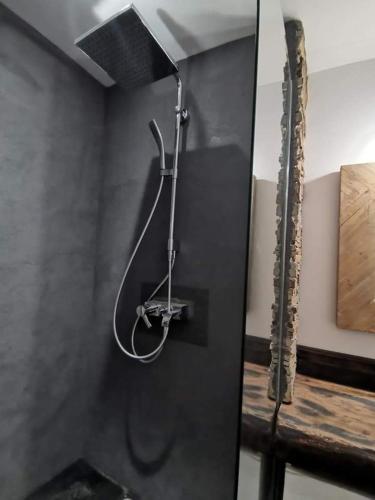 La salle de bains est pourvue d'une douche et d'un mur noir. dans l'établissement Loft 100m2 neuf entièrement équipée, à Callac