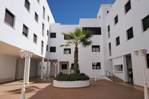 a palm tree in the middle of a building at LA PITA- Terraza con vistas al mar & parking, a 1 min de la playa in Carboneras