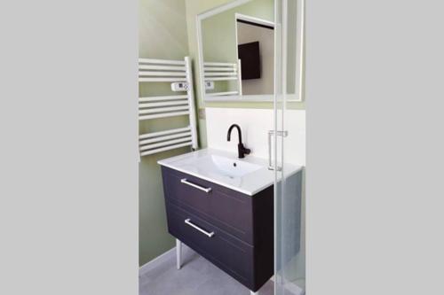 a bathroom with a sink and a mirror at L'oasis : Appartement en centre ville in Abbeville