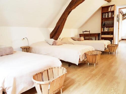 une chambre avec trois lits et une étagère à livres dans l'établissement Gîte de la Ferme Florale Ponoie, à Chezal-Benoît