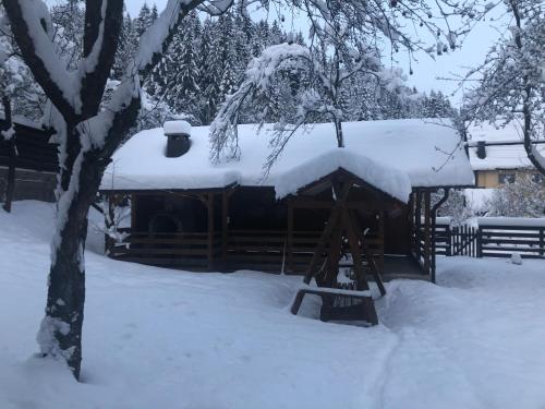 a cabin with a roof covered in snow at Cabana Felyviss in Gîrda de Sus