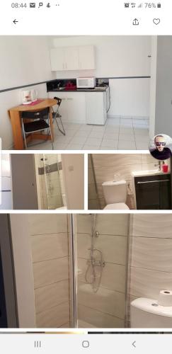 un collage de deux photos d'une cuisine et d'une salle de bains dans l'établissement Studio Provence, à Avignon