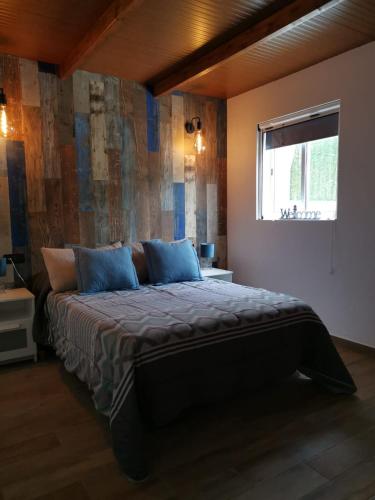 a bedroom with a bed with blue pillows and a window at Casa Adeyu in Tuineje