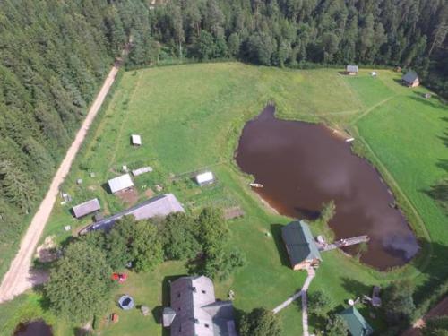 an aerial view of a farm with a pond and a house at Zemaite truoba in Milašaičiai