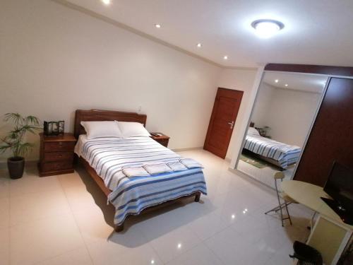聖克魯斯的住宿－El Prado，一间卧室配有一张大床和镜子