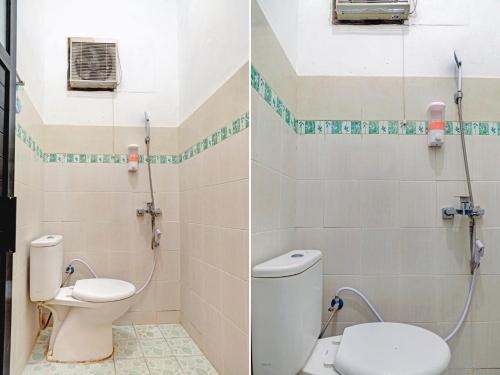 two pictures of a bathroom with a toilet and a shower at OYO 2835 Sakinah Family Residence in Tulungagung