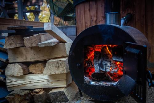 a fire pit with a pile of wood at Gilė -'Virš Ąžuolų' - Forest SPA - Horses - Lake - Chalet in Paplatelė