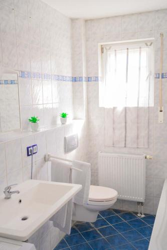 a white bathroom with a toilet and a sink at SUNNYHOME Monteurwohnungen und Apartments nahe Regensburg in Obertraubling
