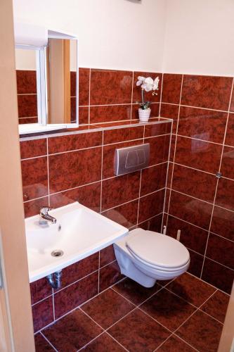 a bathroom with a toilet and a sink at SUNNYHOME Monteurwohnungen und Apartments nahe Regensburg in Obertraubling