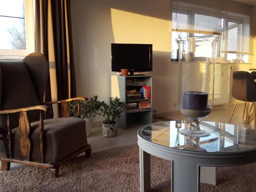 CominesにあるApartment Nathalieのリビングルーム(ガラステーブル、テレビ付)