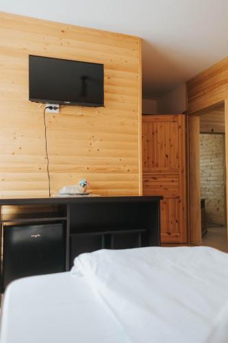 a bedroom with a bed and a television on a wall at Pensiunea Agnes in Durau