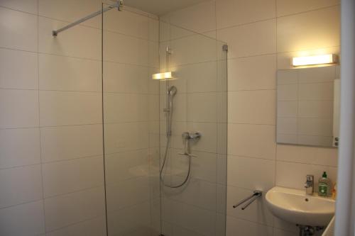 uma casa de banho com um chuveiro e um lavatório. em C+U Ferienwohnungen em Harthausen