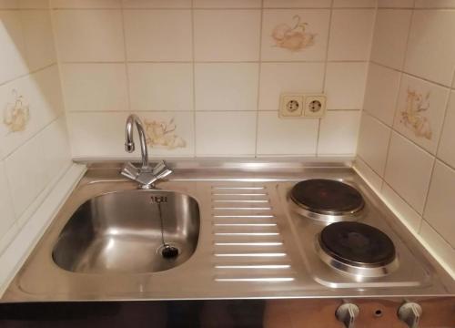 eine Küche mit einer Spüle aus Edelstahl und 2 Kochfeldern in der Unterkunft ApartInn in Mannheim