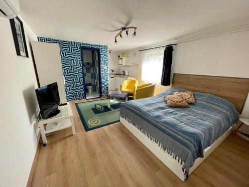 a bedroom with a bed and a desk and a television at Jorgos Apartman in Keszthely