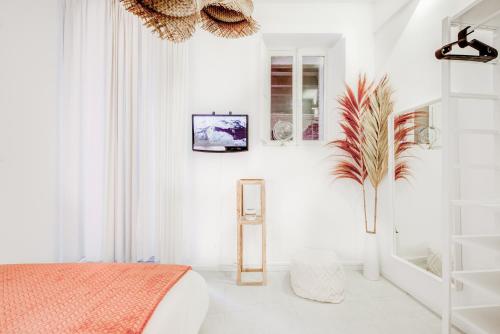 a white bedroom with a bed and a plant at Spa des Carmes in Toulouse
