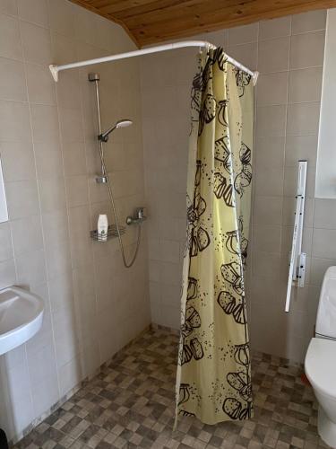 a shower curtain in a bathroom with a toilet at Kasteheina kodu in Voka