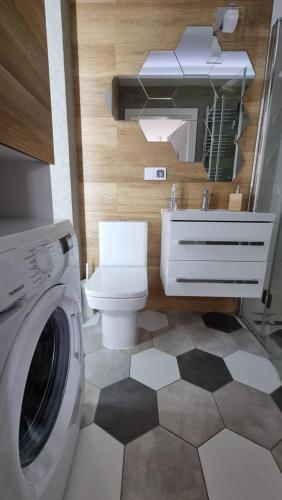 een badkamer met een toilet en een wasmachine bij Apartament Vespa in Mechelinki