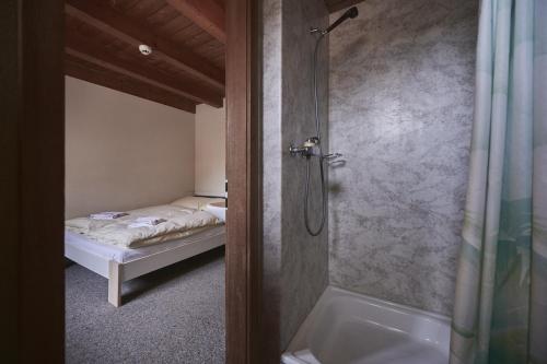 
a bath room with a toilet and a bath tub at Alpine Base Hostel in Lauterbrunnen
