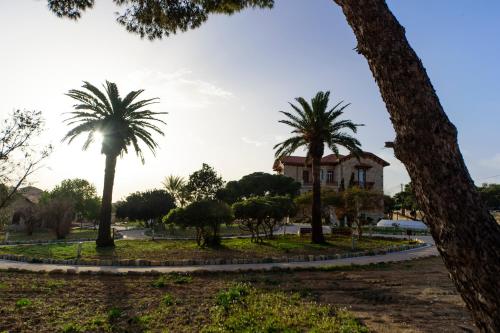 a group of palm trees in front of a house at JASMINE OF POSEIDONIA in Posidhonía