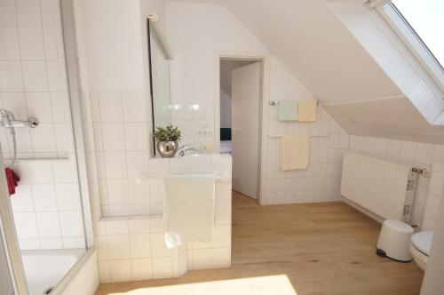 a bathroom with a shower and a toilet at Ferienhaus I Weitblick in Grömitz