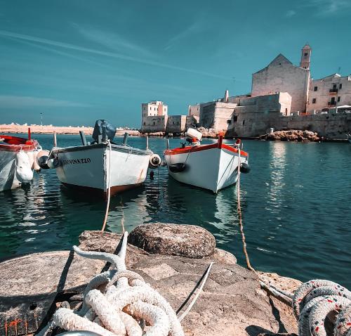 two boats are docked in the water near a castle at Hotel mediterraneo in Giovinazzo