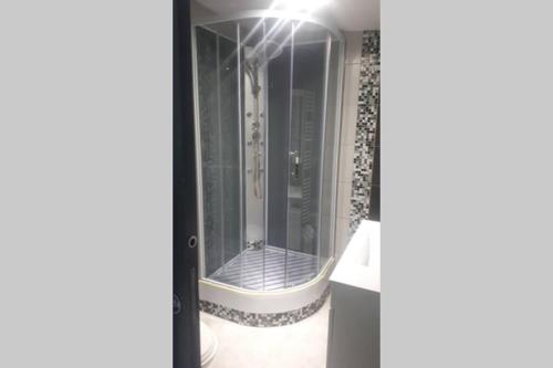 eine Dusche mit Glastür im Bad in der Unterkunft Pavillon T2 proche ville dans petite résidence in Cuttoli-Corticchiato