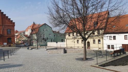 a street in a town with buildings and a tree at Ferienwohnung H&M Immobilien Alsleben 1 in Alsleben